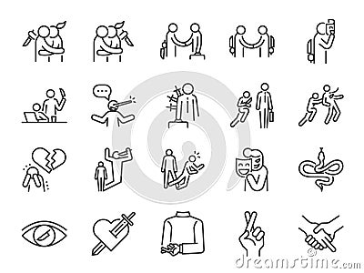 Betray line icon set. Included icons as betrayal, betrayer, bad deal, Perfidy, Revenge, fake, bad deal, l Vector Illustration